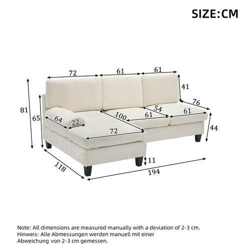 Canapé Modulable 3 Places 194x118x81 Cm, Canapé D'angle Avec Pouf Amobile, Tissu, Beige