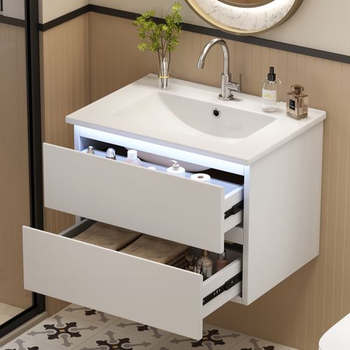 Meuble De Salle De Bain Suspendu 61cm, Capteur Radar LED, 2 Tiroirs, Lavabo Céramique, Blanc