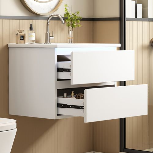 Meuble De Salle De Bain Suspendu 61cm, Capteur Radar LED, 2 Tiroirs, Lavabo Céramique, Blanc