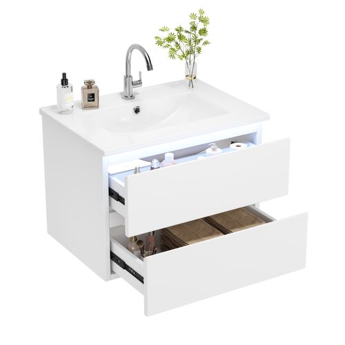 Meuble De Salle De Bain Suspendu 61cm, Capteur Radar LED, 2 Tiroirs, Lavabo Céramique, Blanc