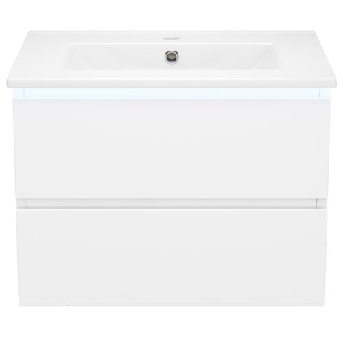 Meuble De Salle De Bain Suspendu 61cm, Capteur Radar LED, 2 Tiroirs, Lavabo Céramique, Blanc