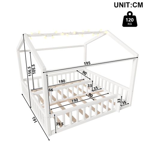 Lit Cabane Enfant 90x190/180x190 Cm Avec LED Et Barrières De Sécurité, Bois, Blanc
