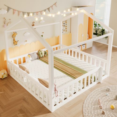 Lit Cabane Enfant 90x190/180x190 Cm Avec LED Et Barrières De Sécurité, Bois, Blanc