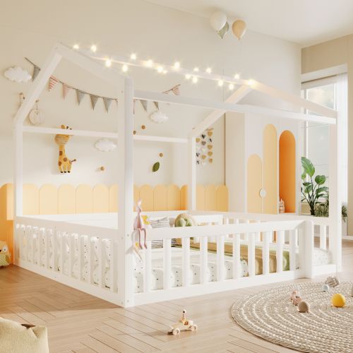 Lit Cabane Enfant 90x190/180x190 Cm Avec LED Et Barrières De Sécurité, Bois, Blanc
