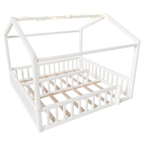 Lit Cabane Enfant 90x190/180x190 Cm Avec LED Et Barrières De Sécurité, Bois, Blanc