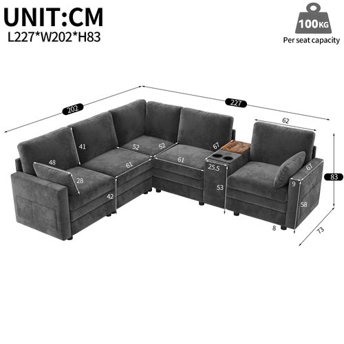 Canapé D'angle 5 Places 227x202x83 Cm Avec Ports USB, Porte-boissons Poche Latéral, Chenille, Gris