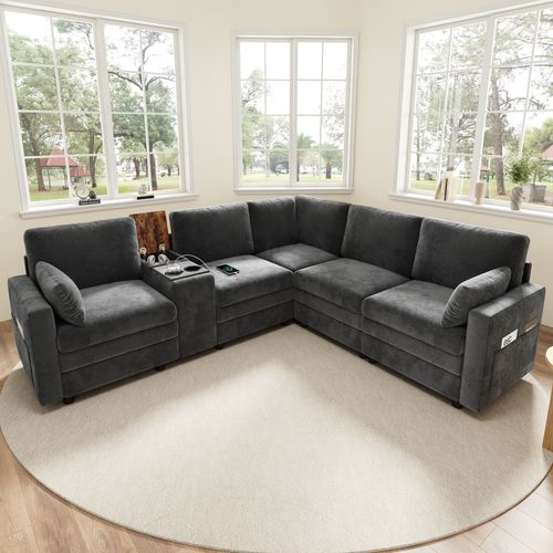 Canapé D'angle 5 Places 227x202x83 Cm Avec Ports USB, Porte-boissons Poche Latéral, Chenille, Gris