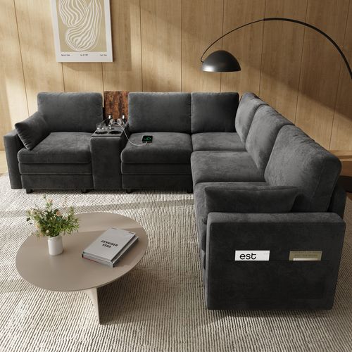 Canapé D'angle 5 Places 227x202x83 Cm Avec Ports USB, Porte-boissons Poche Latéral, Chenille, Gris