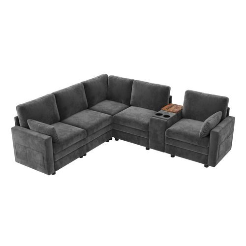 Canapé D'angle 5 Places 227x202x83 Cm Avec Ports USB, Porte-boissons Poche Latéral, Chenille, Gris
