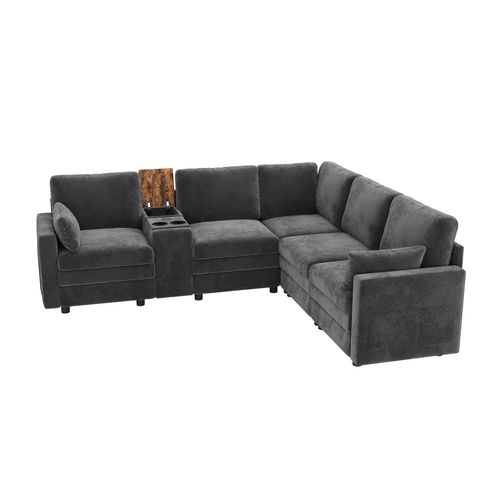 Canapé D'angle 5 Places 227x202x83 Cm Avec Ports USB, Porte-boissons Poche Latéral, Chenille, Gris