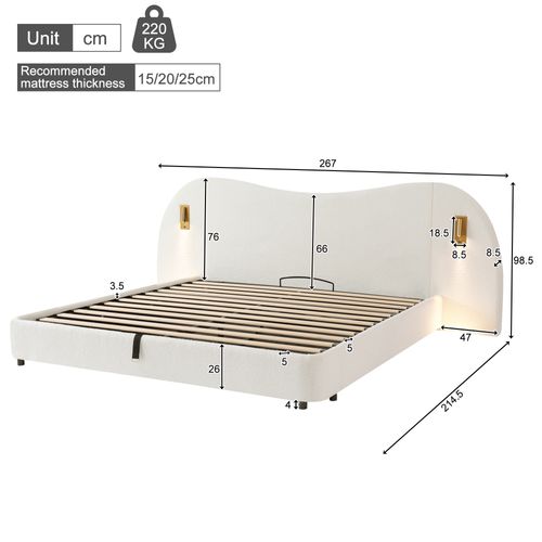 Lit Coffre Adulte 180x200 Cm Avec Rangement , Lit Double Avec USB Et 2 Lampes, Tissu, Blanc