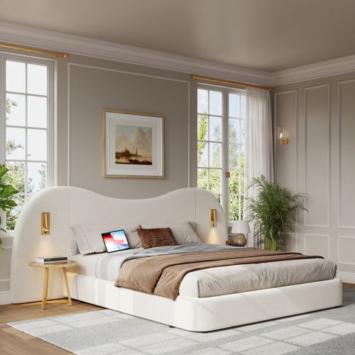 Lit Coffre Adulte 180x200 Cm Avec Rangement , Lit Double Avec USB Et 2 Lampes, Tissu, Blanc
