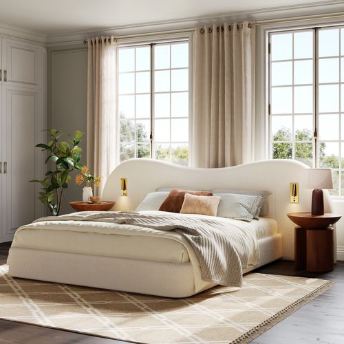 Lit Coffre Adulte 180x200 Cm Avec Rangement , Lit Double Avec USB Et 2 Lampes, Tissu, Blanc