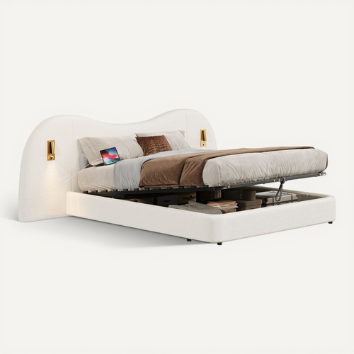 Lit Coffre Adulte 180x200 Cm Avec Rangement , Lit Double Avec USB Et 2 Lampes, Tissu, Blanc