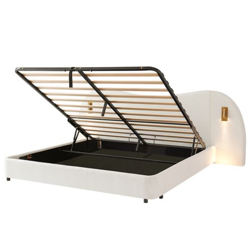 Lit Coffre Adulte 180x200 Cm Avec Rangement , Lit Double Avec USB Et 2 Lampes, Tissu, Blanc
