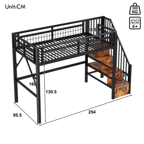 Lit Mezzanine 90x200 Cm Avec Espace De Rangement, 1 Barre LED, Escalier, En Métal, Noir