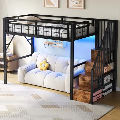 Lit Mezzanine 90x200 Cm Avec Espace De Rangement, 1 Barre LED, Escalier, En Métal, Noir