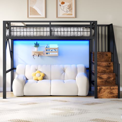 Lit Mezzanine 90x200 Cm Avec Espace De Rangement, 1 Barre LED, Escalier, En Métal, Noir