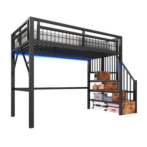 Lit Mezzanine 90x200 Cm Avec Espace De Rangement, 1 Barre LED, Escalier, En Métal, Noir