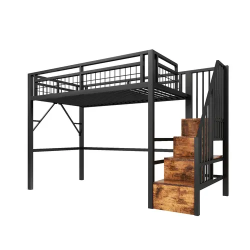 Lit Mezzanine 90x200 Cm Avec Espace De Rangement, 1 Barre LED, Escalier, En Métal, Noir