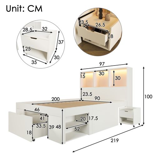 Lit Enfant Lit Simple 90x200 Cm, 2 Tiroirs, Étagères, Table De Chevet, LED Et USB-c, Bois, Blanc