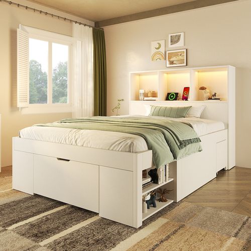 Lit Enfant Lit Simple 90x200 Cm, 2 Tiroirs, Étagères, Table De Chevet, LED Et USB-c, Bois, Blanc