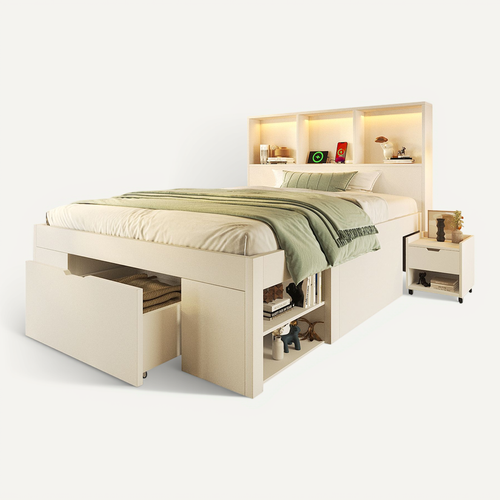 Lit Enfant Lit Simple 90x200 Cm, 2 Tiroirs, Étagères, Table De Chevet, LED Et USB-c, Bois, Blanc