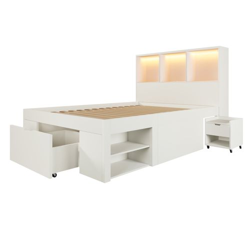 Lit Enfant Lit Simple 90x200 Cm, 2 Tiroirs, Étagères, Table De Chevet, LED Et USB-c, Bois, Blanc