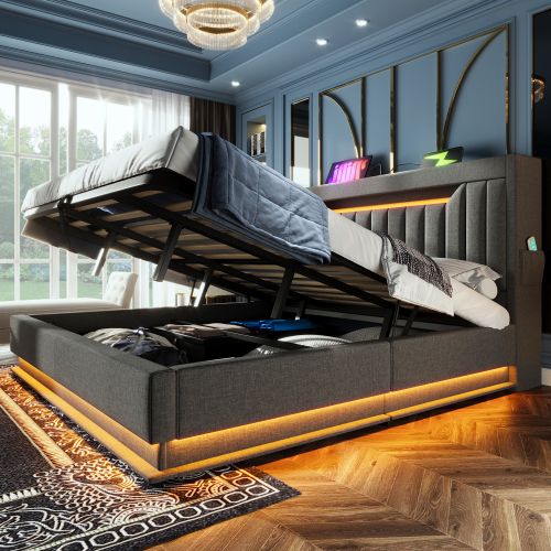 Lit Coffre Adulte 140x190 Cm Avec Rangement , Lit Double Avec LED, USB Et Type-c, Lin, Gris
