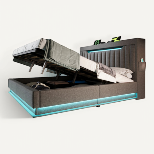 Lit Coffre Adulte 140x190 Cm Avec Rangement , Lit Double Avec LED, USB Et Type-c, Lin, Gris
