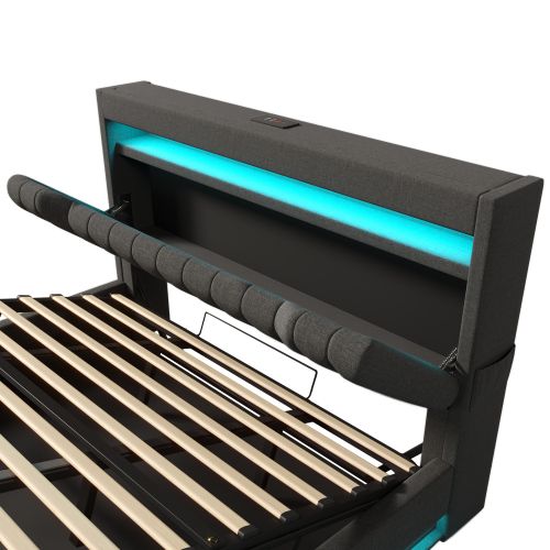 Lit Coffre Adulte 140x190 Cm Avec Rangement , Lit Double Avec LED, USB Et Type-c, Lin, Gris