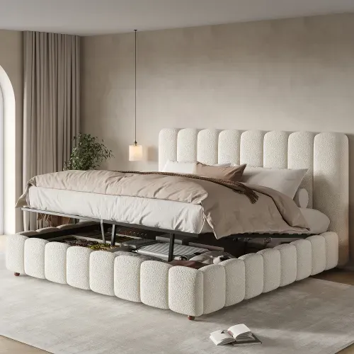 Lit Coffre Adulte 180x200 Cm, Lit Double Avec Tête De Lit Et Rangement, Tissu, Beige