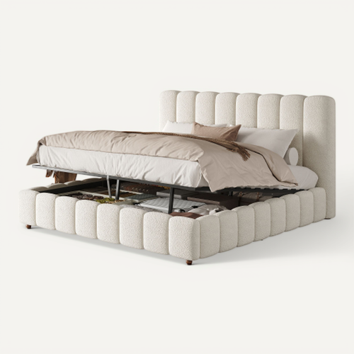 Lit Coffre Adulte 180x200 Cm, Lit Double Avec Tête De Lit Et Rangement, Tissu, Beige