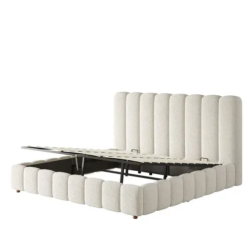 Lit Coffre Adulte 180x200 Cm, Lit Double Avec Tête De Lit Et Rangement, Tissu, Beige