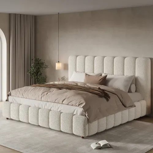 Lit Coffre Adulte 160x200 Cm, Lit Double Avec Tête De Lit Et Rangement, Tissu, Beige