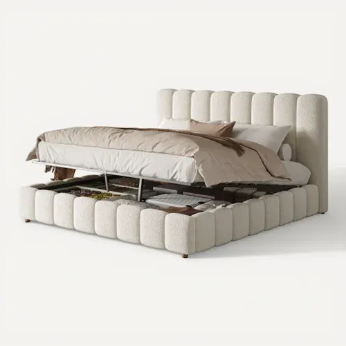 Lit Coffre Adulte 160x200 Cm, Lit Double Avec Tête De Lit Et Rangement, Tissu, Beige
