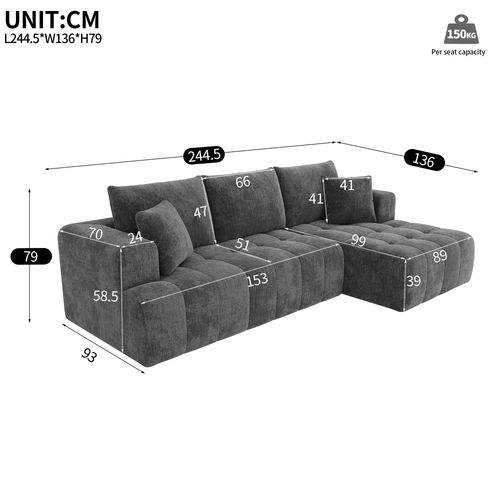 Canapé Compressé D'angle 3 Places 244,5x136x79 Cm Avec 2 Coussins, En Chenille, Gris