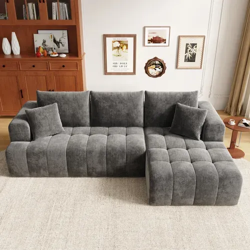 Canapé Compressé D'angle 3 Places 244,5x136x79 Cm Avec 2 Coussins, En Chenille, Gris