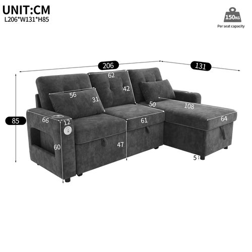 Canapé Convertible 3 Places 206x131x85 Cm Avec Rangement, LED, Porte-boissons, USB, Chenille, Gris