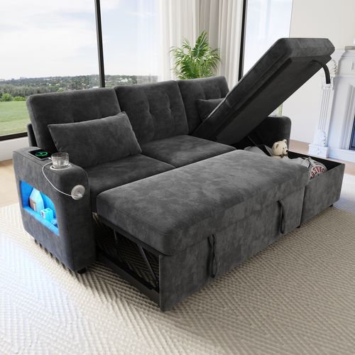 Canapé Convertible 3 Places 206x131x85 Cm Avec Rangement, LED, Porte-boissons, USB, Chenille, Gris