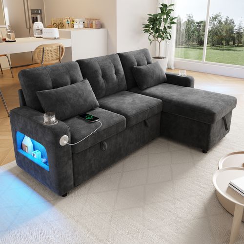Canapé Convertible 3 Places 206x131x85 Cm Avec Rangement, LED, Porte-boissons, USB, Chenille, Gris