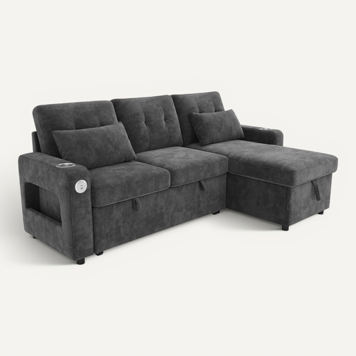 Canapé Convertible 3 Places 206x131x85 Cm Avec Rangement, LED, Porte-boissons, USB, Chenille, Gris