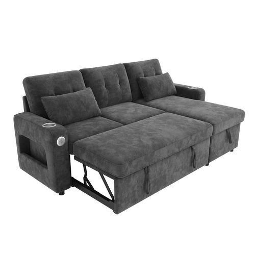 Canapé Convertible 3 Places 206x131x85 Cm Avec Rangement, LED, Porte-boissons, USB, Chenille, Gris
