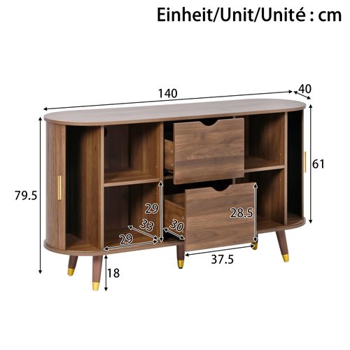 Buffet 140x40x79.5cm, Avec Portes à Grain Vertical, 2 Tiroirs, Pieds En Bois Massif, Mdf, Noyer