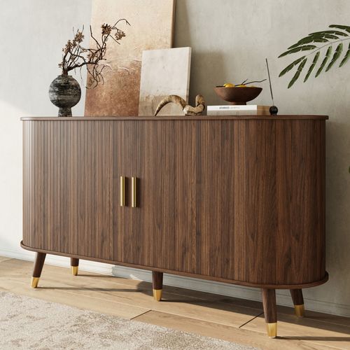 Buffet 140x40x79.5cm, Avec Portes à Grain Vertical, 2 Tiroirs, Pieds En Bois Massif, Mdf, Noyer