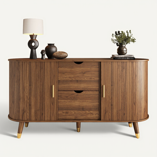 Buffet 140x40x79.5cm, Avec Portes à Grain Vertical, 2 Tiroirs, Pieds En Bois Massif, Mdf, Noyer