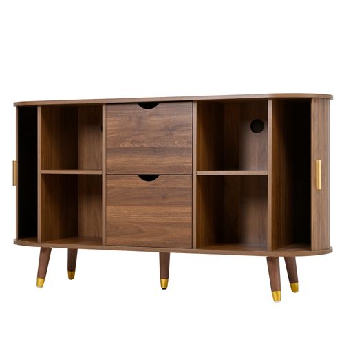 Buffet 140x40x79.5cm, Avec Portes à Grain Vertical, 2 Tiroirs, Pieds En Bois Massif, Mdf, Noyer