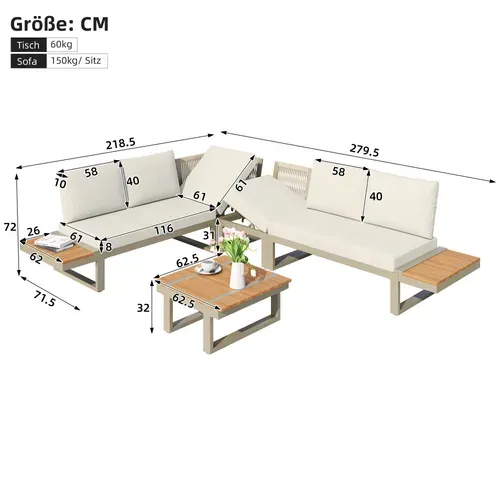 Ensemble Salon De Jardin Avec Canapé D'angle Modulable, 1 Table Et Étagères, En Acier, beige