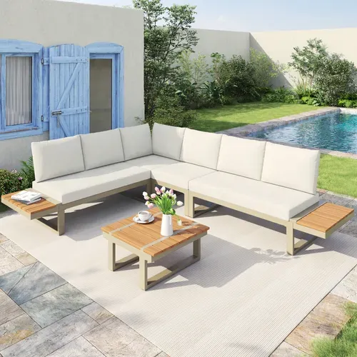 Ensemble Salon De Jardin Avec Canapé D'angle Modulable, 1 Table Et Étagères, En Acier, beige