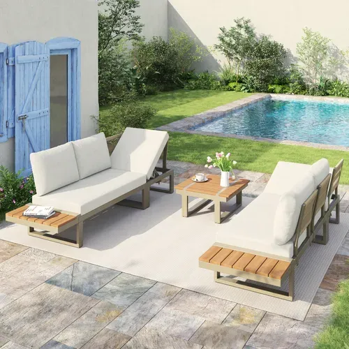 Ensemble Salon De Jardin Avec Canapé D'angle Modulable, 1 Table Et Étagères, En Acier, beige